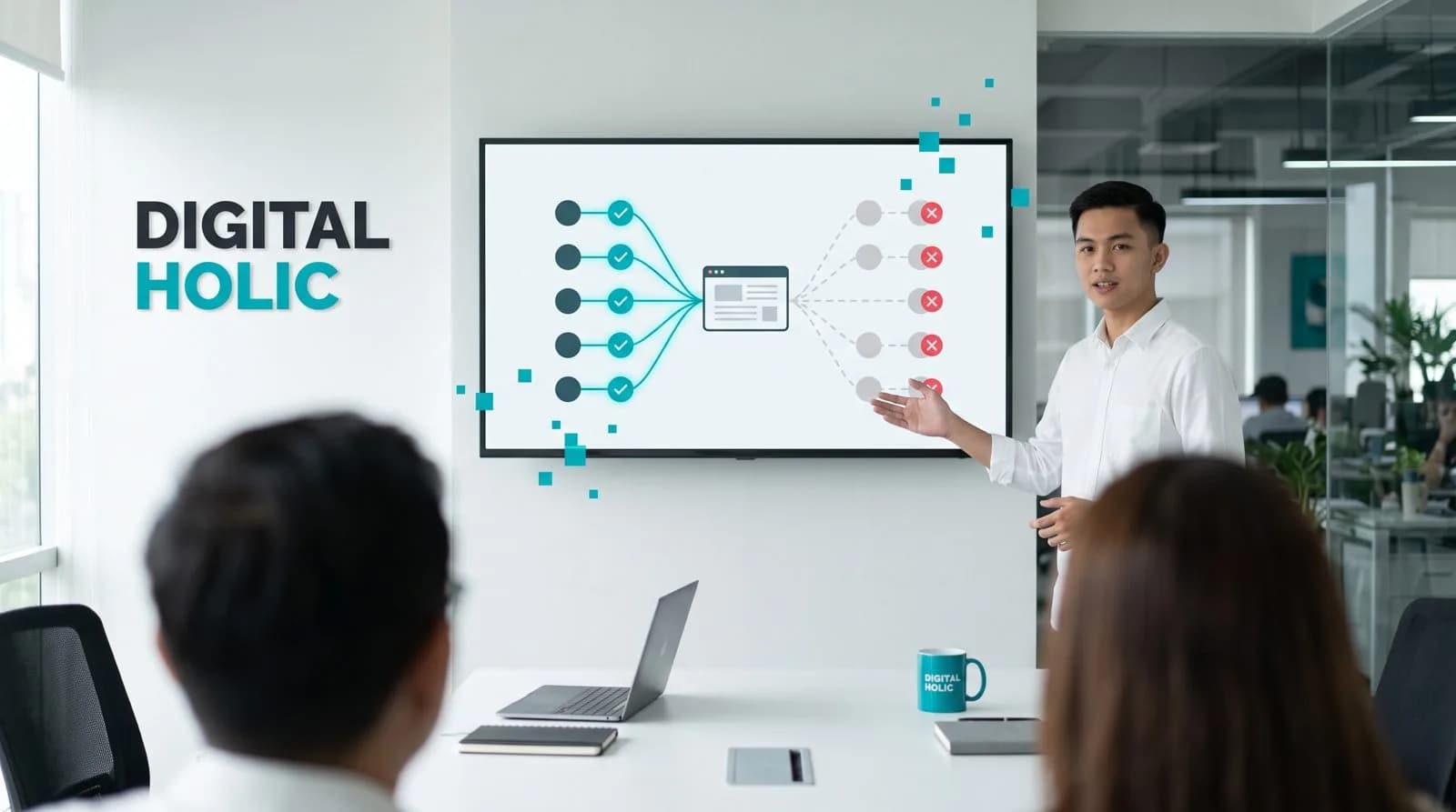 Presentasi perbandingan backlink berkualitas dan backlink spam oleh tim Digital Holic