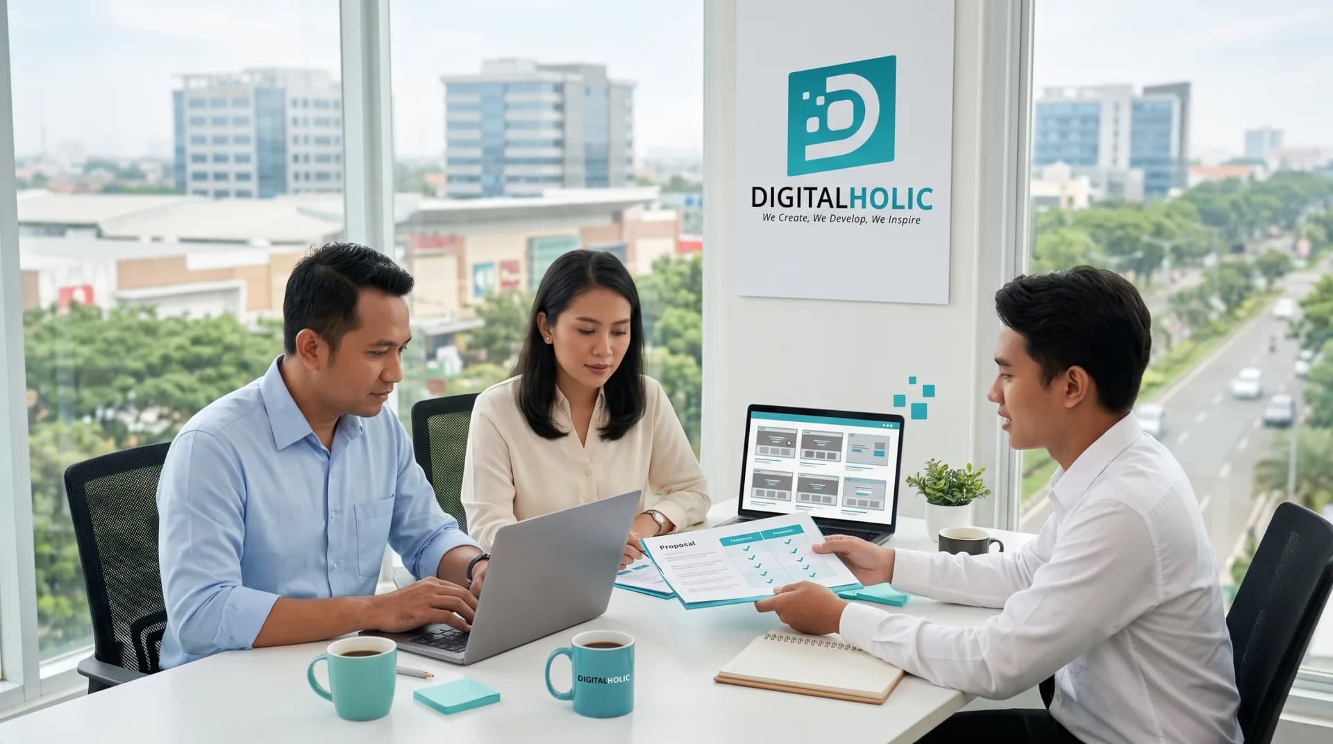 Tim jasa pembuatan website Tangerang dari Digital Holic mendiskusikan desain website bisnis di kantor Ciledug
